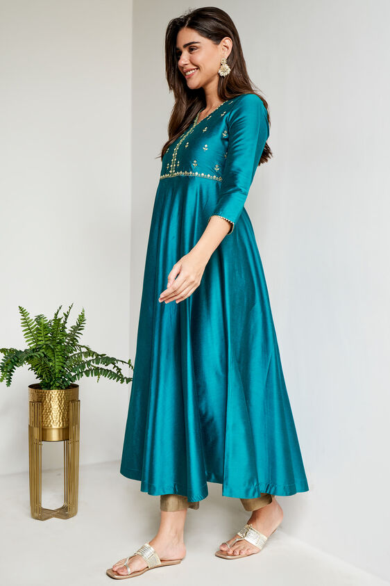 Teal Solid Flared Kurta, Teal, image 4